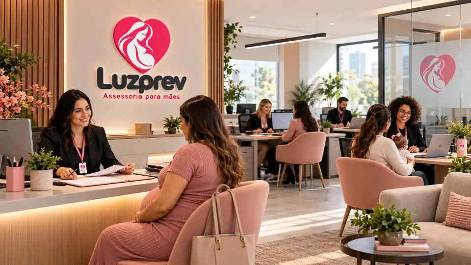 Recepção da Luzprev, assessoria em salário-maternidade, com o logotipo na parede